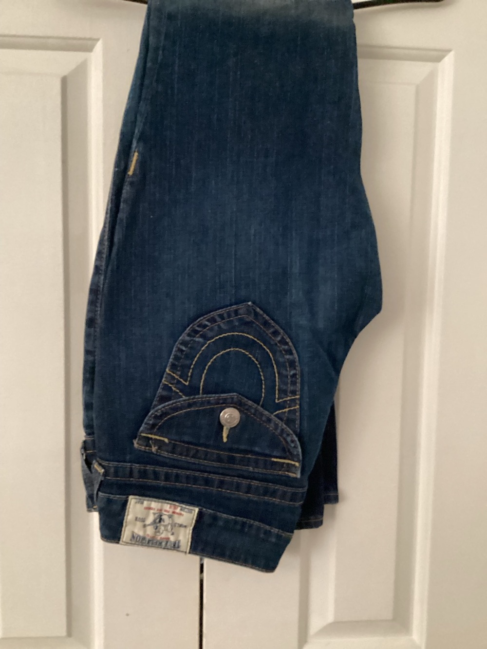 True Religion Women's Dark Blue Boot Cut Jeans with Embroidered Back Pocket